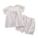 thumbnail image 2 of Conjunto de verano para niñas, cuello redondo, manga corta, estampado floral pequeño con lazo, material de gasa, pijama cómodo y transpirable de dos piezas para niñas pequeñas, conjunto de algodón par, 2 of 5