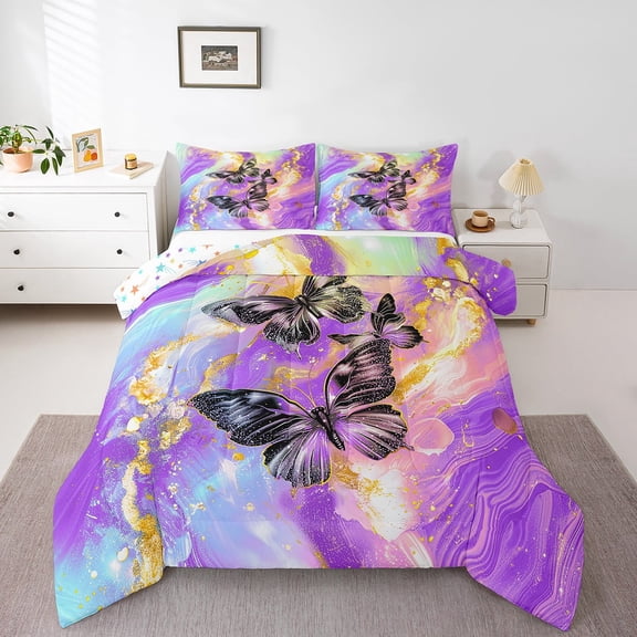 Purple Marble Comforter Set Black Butterfly Down Comforter,Gradient Marbling King Bedding Set,Abstract Ombre Ink Fluid Art Duvet Insert Rustic Animal Dreamy Butterflies Room Decor Aesthetic