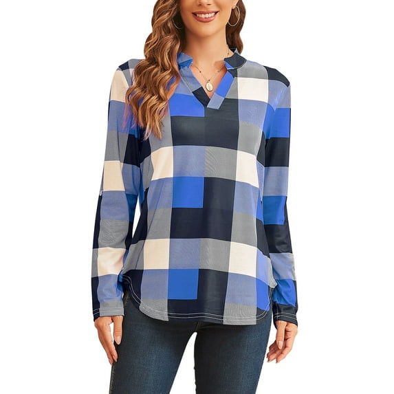 Uhndy Women Long Sleeve Plaid Tunic Shirt V Neck Pullover Blouse Tops Ladies New Fall Winter Roll-up Shirt Baggy Color Block Checked T Shirt Tops Blue L