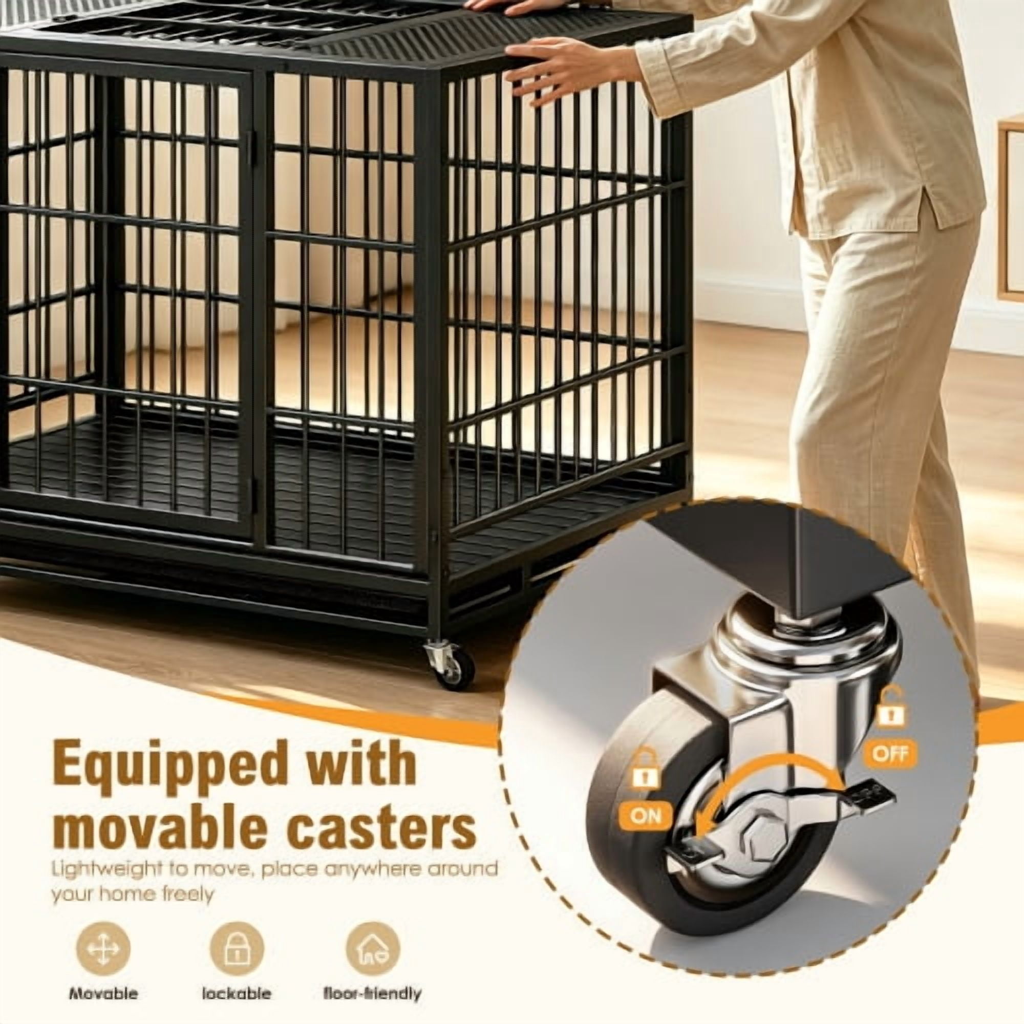 47.2" Heavy Duty Mobile Dog Crate with Lockable Wheels & Rotary Twist-Latch, Indoor/Outdoor Metal Pet Kennel with Perforated Top