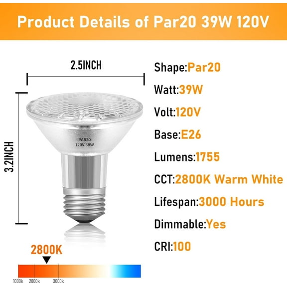 RTHG-PAR20 39W 120V Floodlight Bulbs, 2 Pack PAR20 39 Watt ECO Halogen Light Bulbs E26 120V Reflector Dmimable Warm White 2800K for Track Lighting & Hood Range Light Bulbs, 4-in Recessed Can