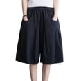 thumbnail image 3 of Women's Soft Fabric Mid Elastic Waist Capris with Pockets, Straight Leg Cropped Pants, Casual Comfortable Summer Beach Workout Pants | VerBelle,Navy XL, 3 of 9