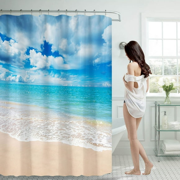 Wefuesd Ocean Beach Print Shower Curtain 70X70 Inch With 12 Hooks Waterproof Shower Curtain Bathroom Heavy Side Shower Curtain Machine Washable Quick Dry Multi-Color 180X180Cm