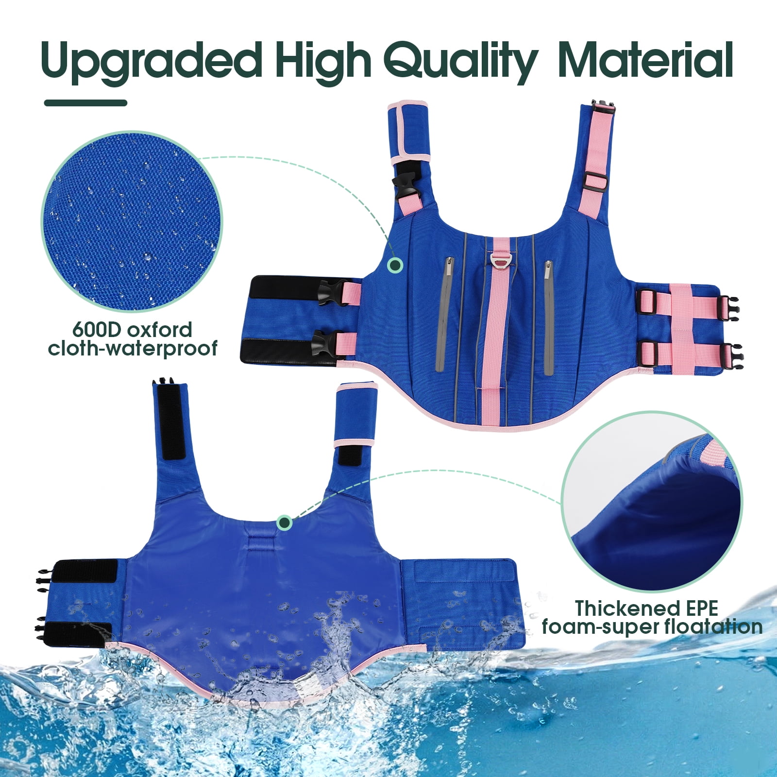 Kuoser Dog Life Jacket, High Flotation Dog Life Vest with Rescue Handle for Swimming Boating, Reflective Pet Safety Life Preserver for Small Medium Large Dogs, Blue, L