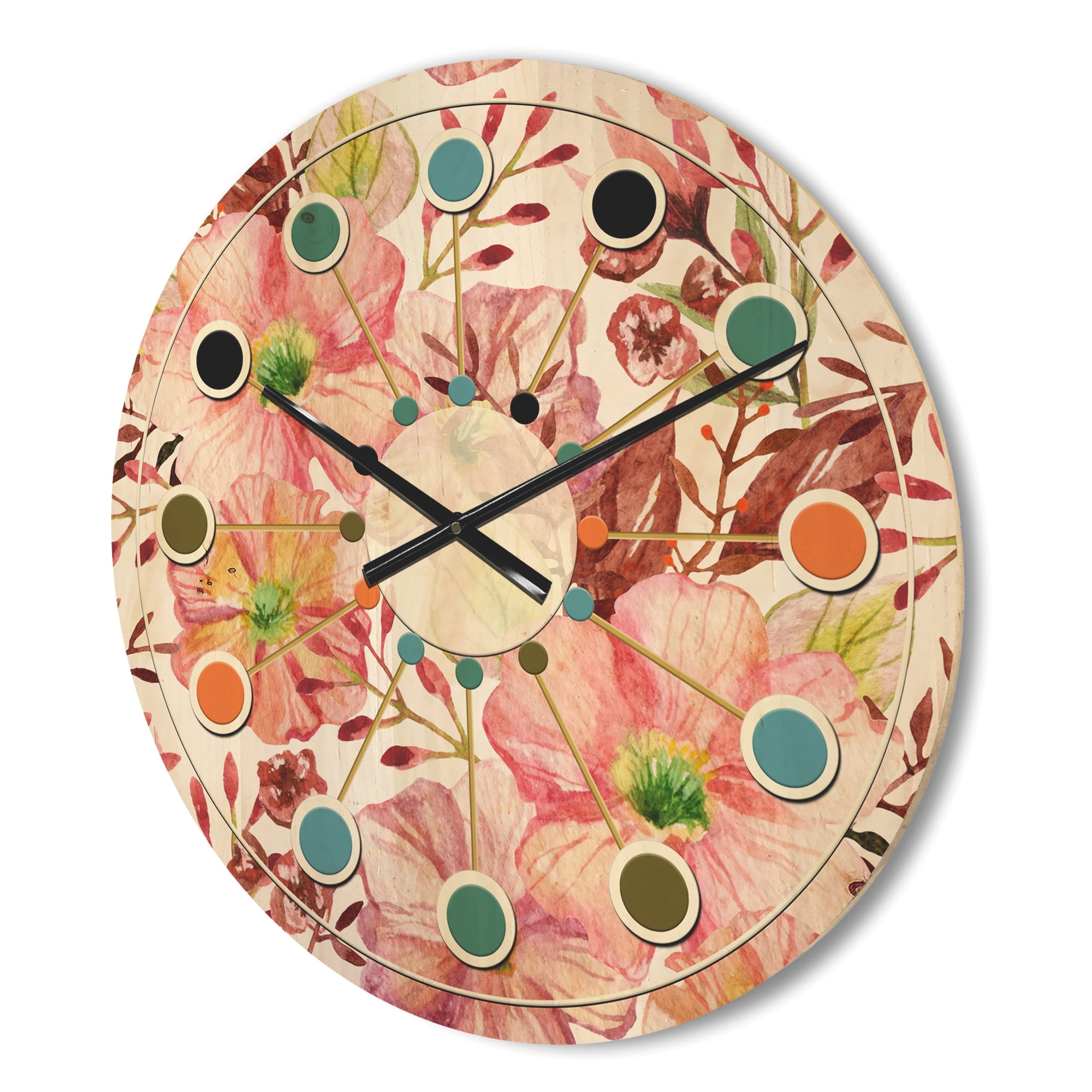 Designart 'Botanical Floral Retro II' Mid-Century Modern Wood Wall Clock