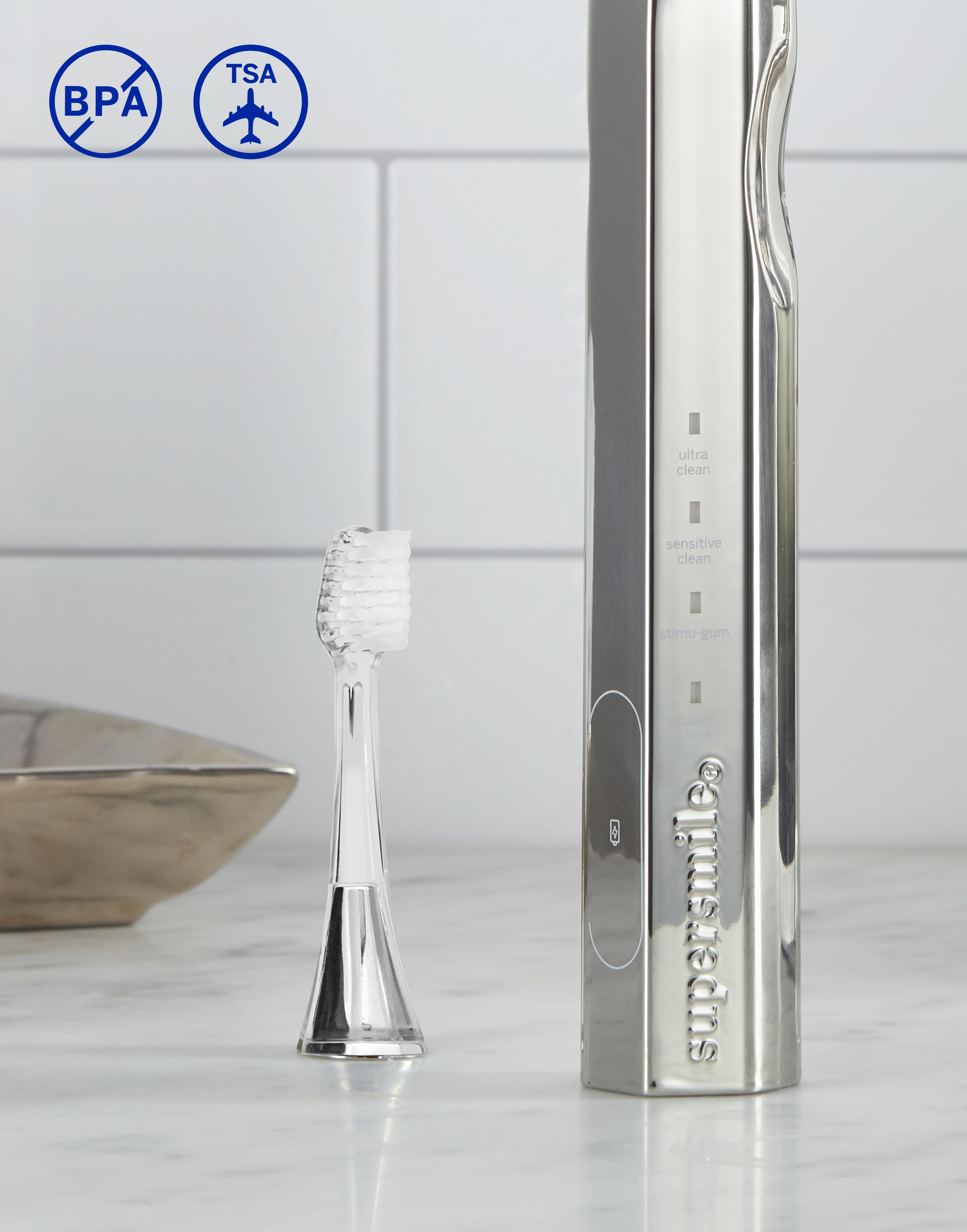 Supersmile Replacement Brush Heads for Zina45 Sonic Pulse Electric Toothbrush, Silver (Pack of 2)