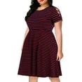 thumbnail image 3 of Gvmfive Women's Casual Short Sleeve Striped Print Dress Round Neck Cold Shoulder Skater Midi Dress Plus Size, 3 of 4