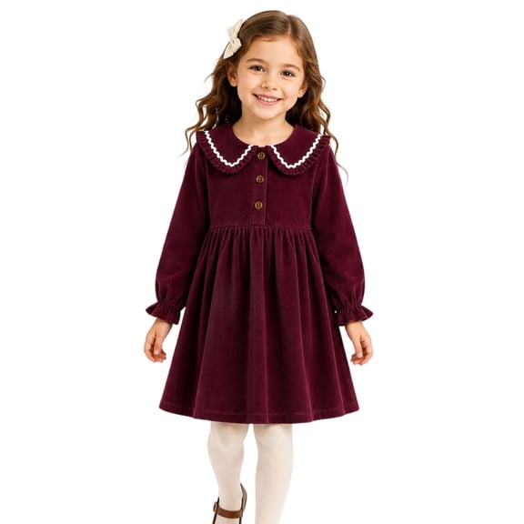 HILEELANG Toddler Girls 100% Cotton Long Sleeve Dress, Ruffle Peter Pan Collar Button Front Casual Dress, Burgundy Red, 4Y