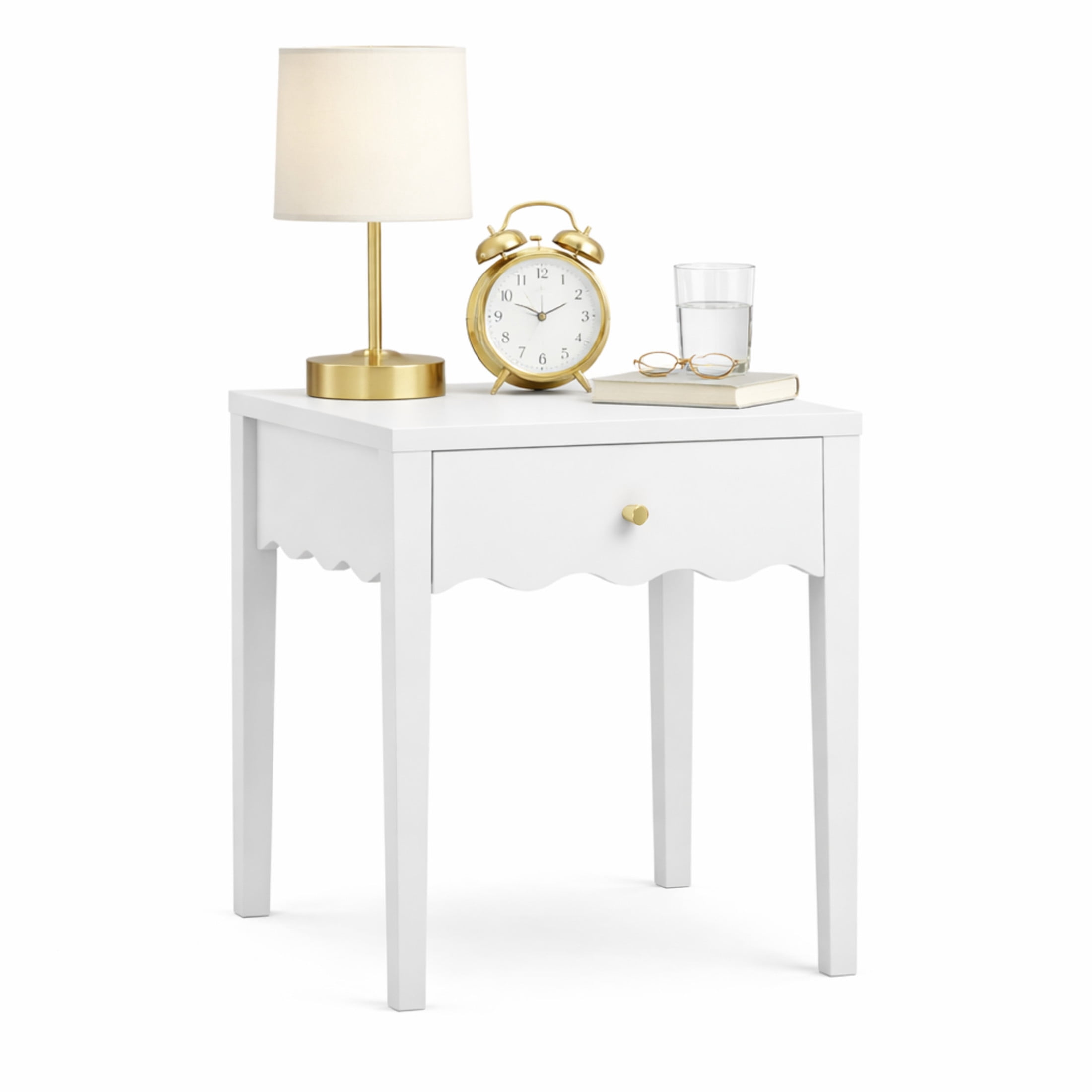 Noble House Nightstand with Drawer, Modern Bedside Table with Wavy Apron Design, Compact End Table, White