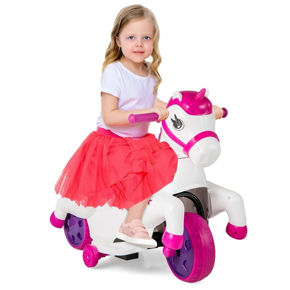 OLAKIDS 2 in 1 Ride on Motorcycle and Horse, Unicorn 6V Battery Powered Ride on Toy with Up & Down Function, MP3, Power Display, Training Wheels, Kids Electric Vehicle Aged 3-6 Years