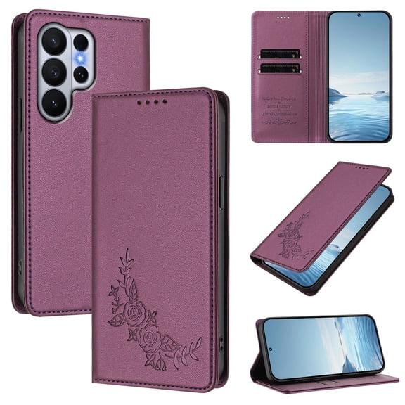 For Samsung Galaxy S26 Edge Phone Case,Peony Embossing Design,Anti-Scratch PU Leather Flip Foilo Cover,With Card Holder,Kickstand,Shockproof Drop Protection,Durable Wallet Phone Case,Dark Purple
