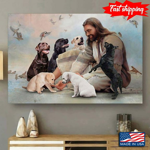 Vintage Smiling Jesus Christ Playing With Labrador Retriever Dogs And Birds Flying Around 11 x 17 Inch Poster