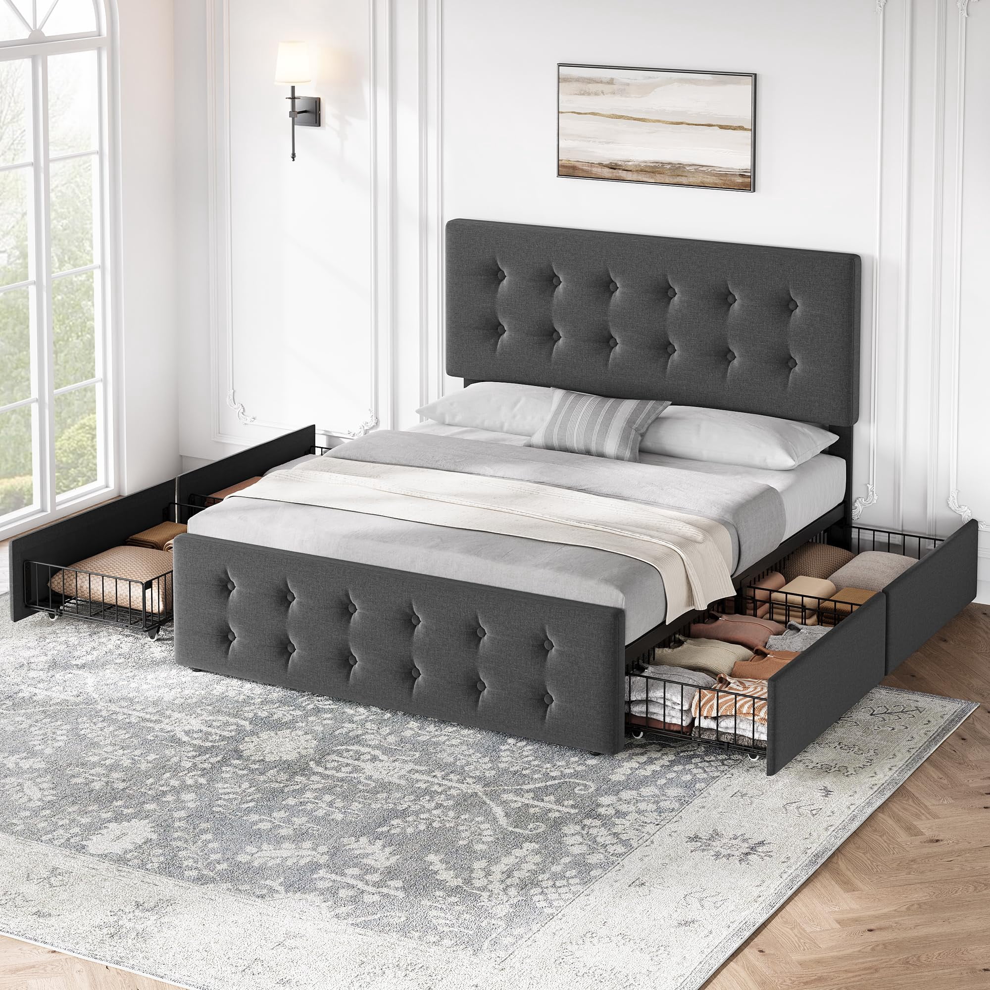 Maritcute Full Size Bed Frame with 4 Storage Drawers and Adjustable Headboard, Upholstered Mattress Foundation with Skin-Frienly Linen, No Box Spring Needed, Light Grey