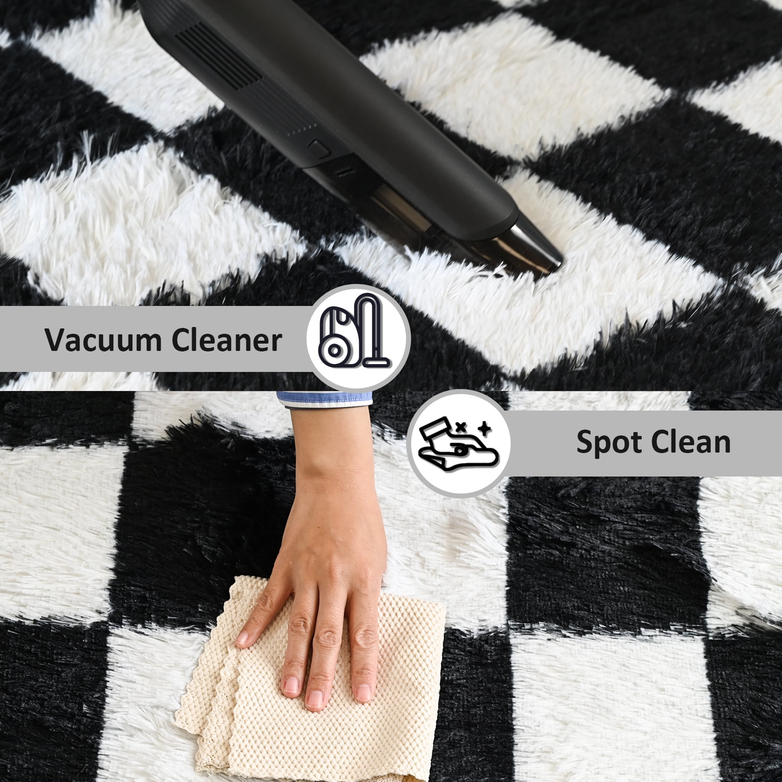 Pentantan 5ft x 8ft Shag Area Rugs for Living Room, Classic Checkered Fluffy Bedroom Carpet, Black & White