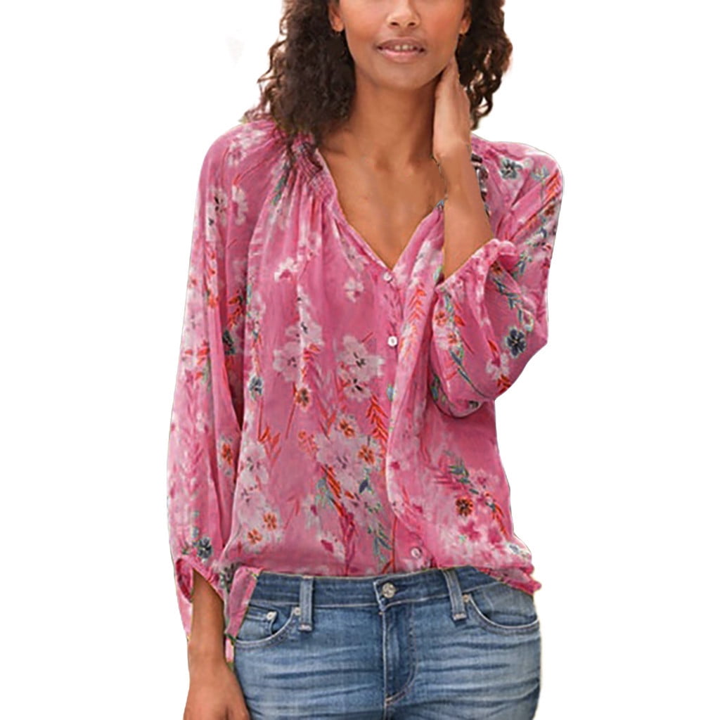 V-neck Button Pullover Tops Shirt 