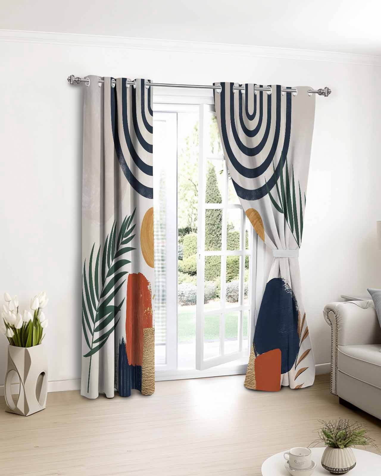Boho Blackout Curtains, Light Blocking Print Window Curtains, Middle Century Leaves Bohemia Minimalist Abstract Art Beige Thermal Insulated Window Drapes for Living Room 2 Panels, 84"W x 84"L