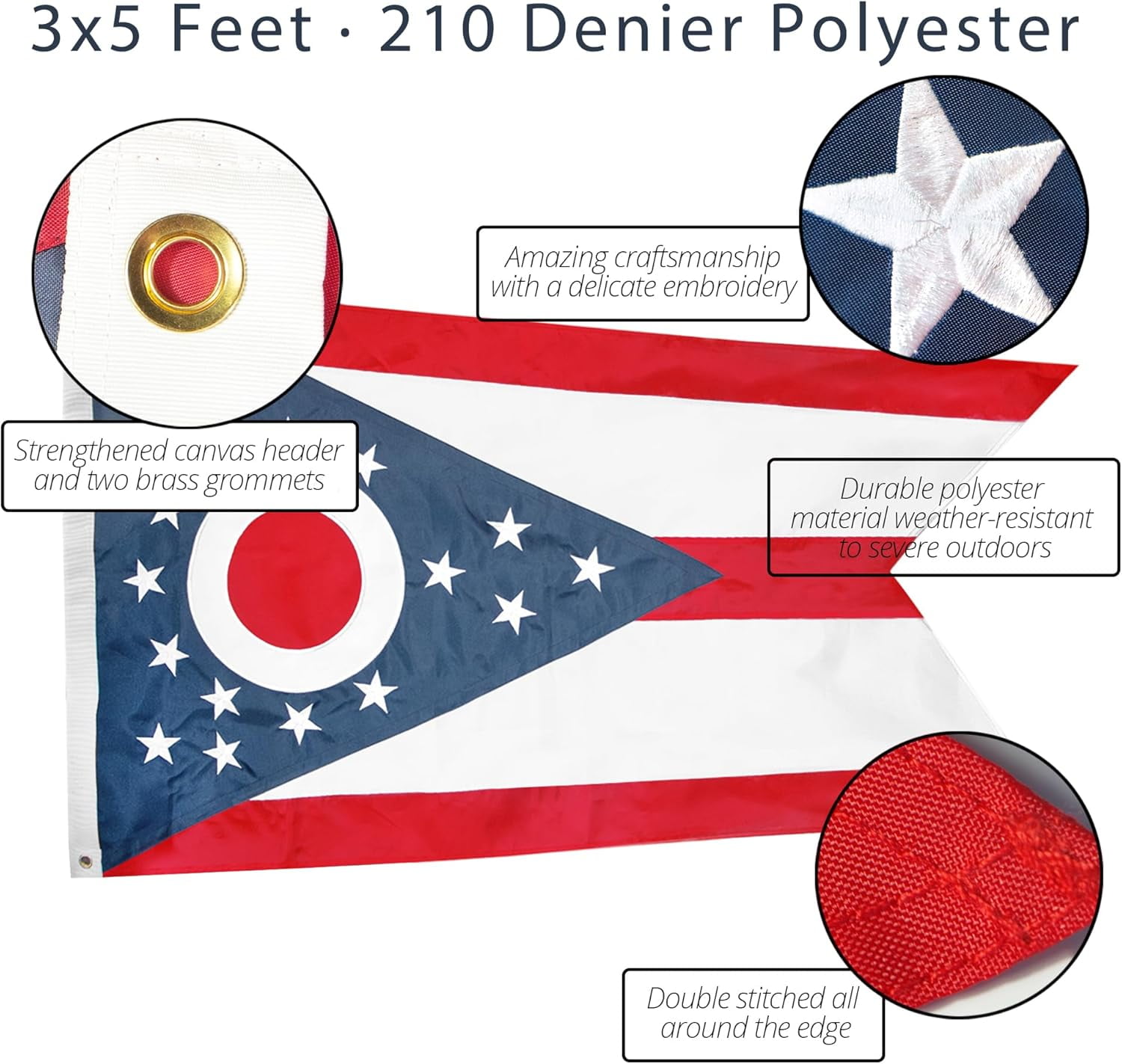 Anley EverStrong Series Embroidered Ohio State Flag 3x5 Feet - OH State Flags 210D Polyester