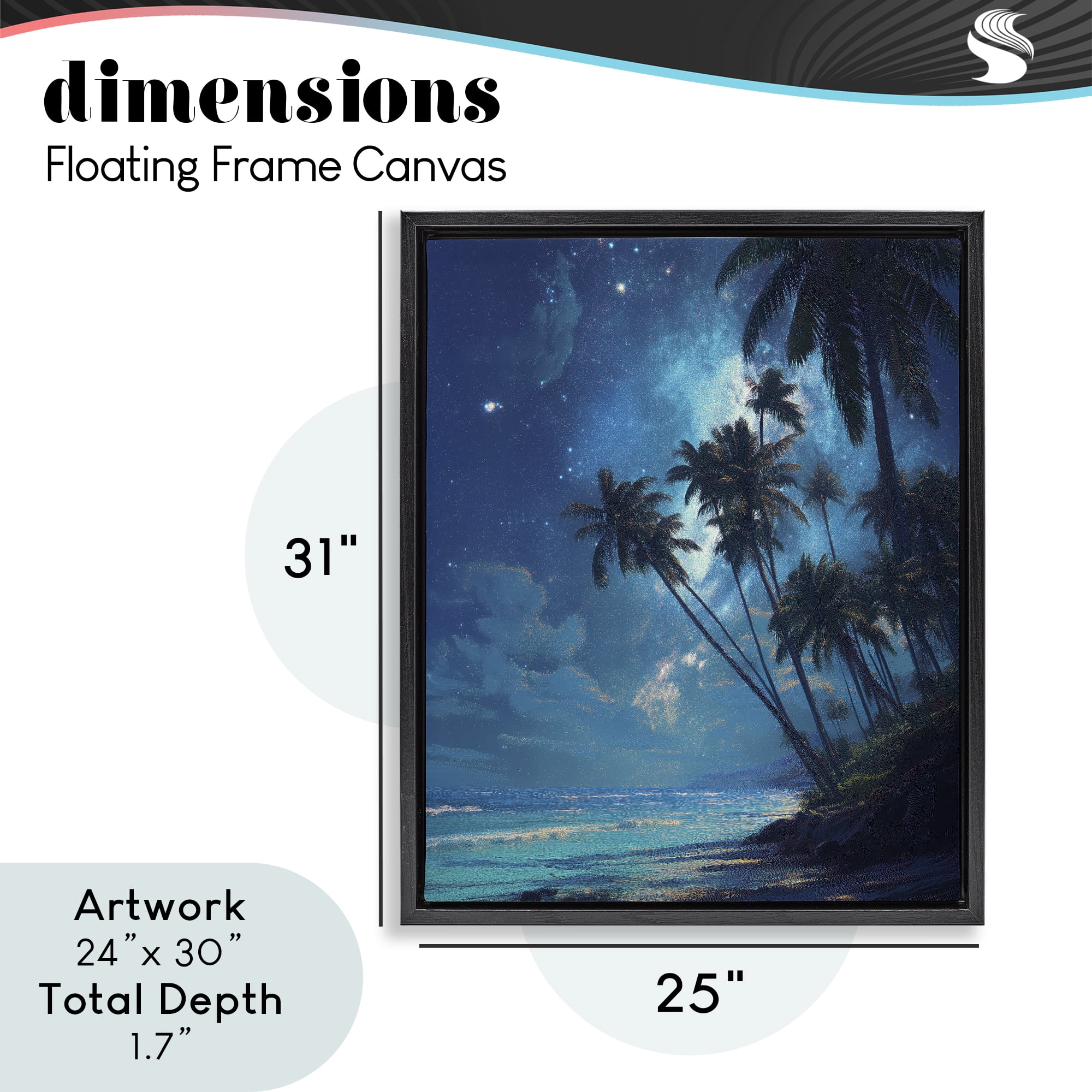 Moonlit Beach Palm Trees Black Framed Floater Canvas Wall Art, design by Ziwei Li