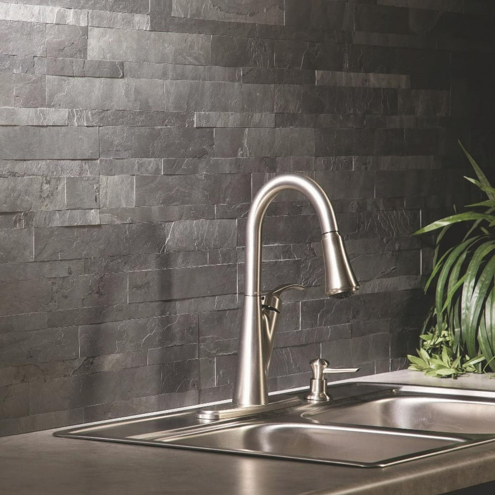 Aspect 6 In. x 24 In. Natural Stone Backsplash Peel & Stick, Charcoal