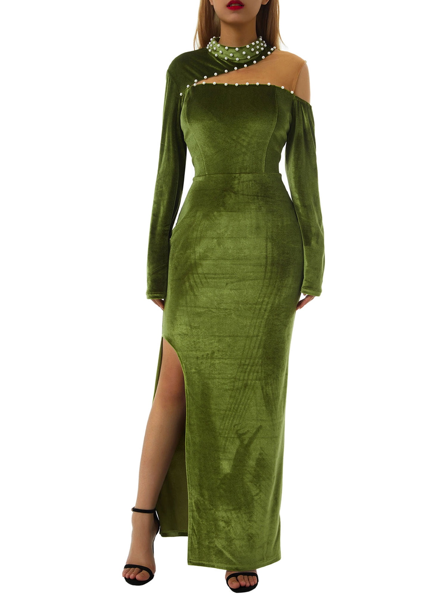 Lsfyszd Women Sexy High Slit Dress Green High Neck Oblique Shoulder Long Sleeve Bodycon One Piece With Artificial Pearl Decor Walmart Com