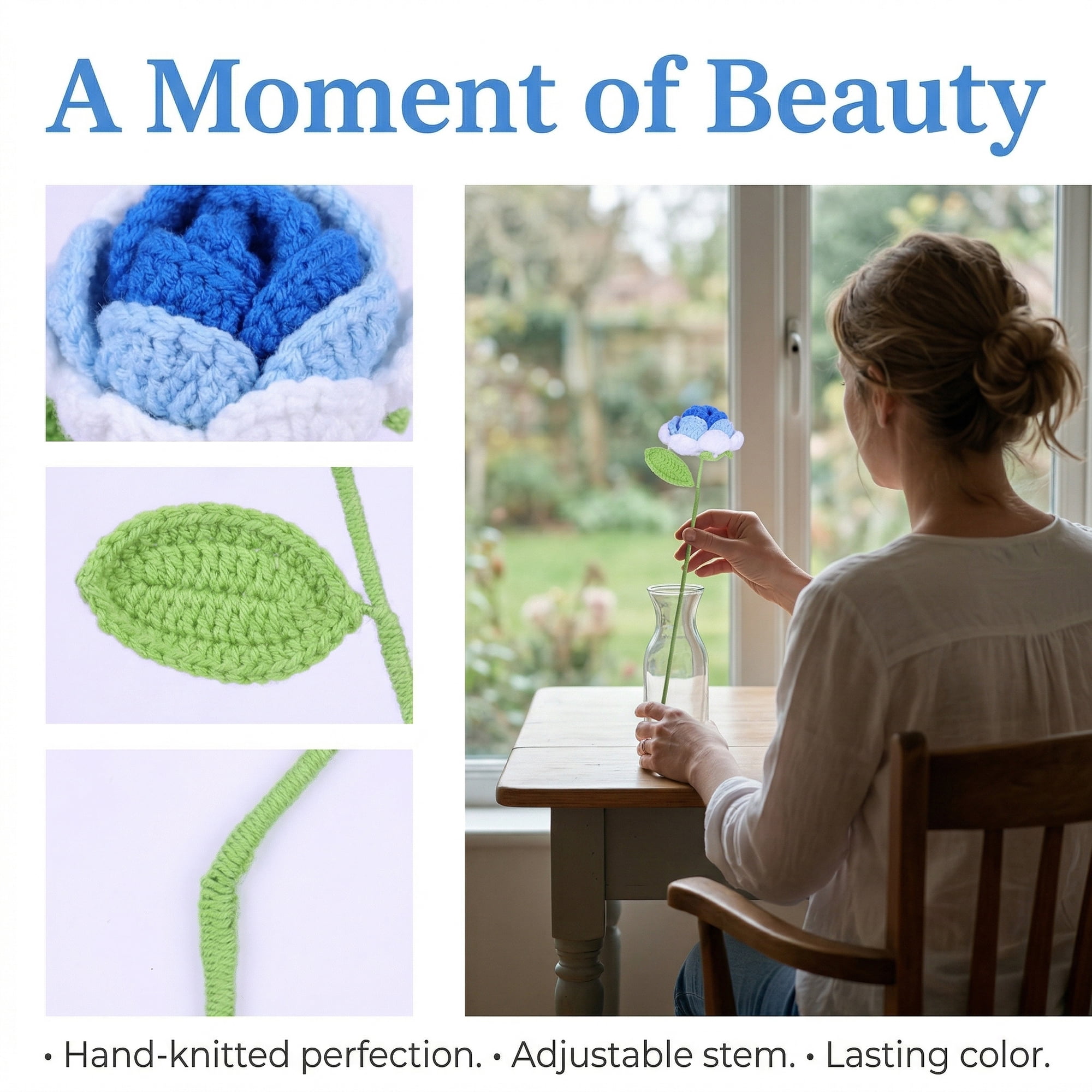 Unique Bargains 4Pcs Handmade Crochet Long Stem Realistic Fake Roses Rose Blue 13in