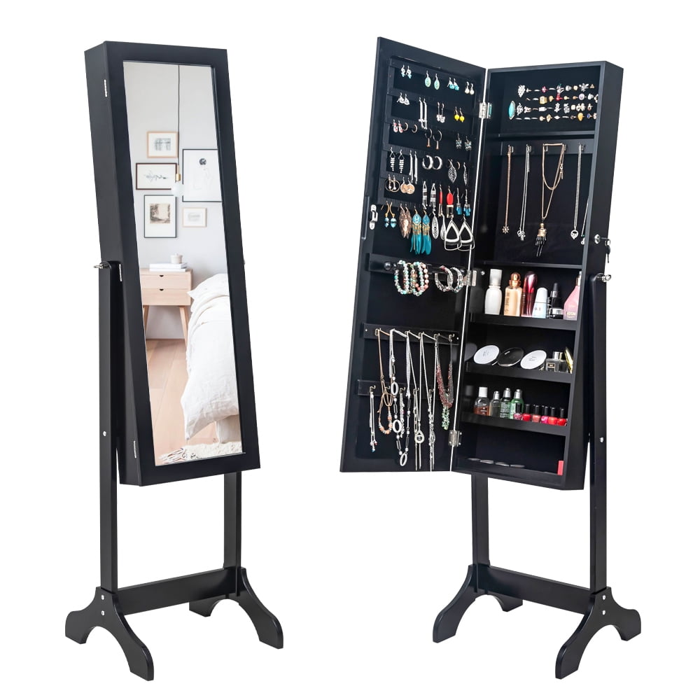 Kepooman Non Full Mirror Wooden Floor Standing 4-Layer Shelf Jewelry Storage Adjustable Mirror Cabinet, Black Kepooman Non Full Mirror Wooden Floor Standing 4-Layer Shelf Jewelry Storage Adjustable Mirror Cabinet, Black
