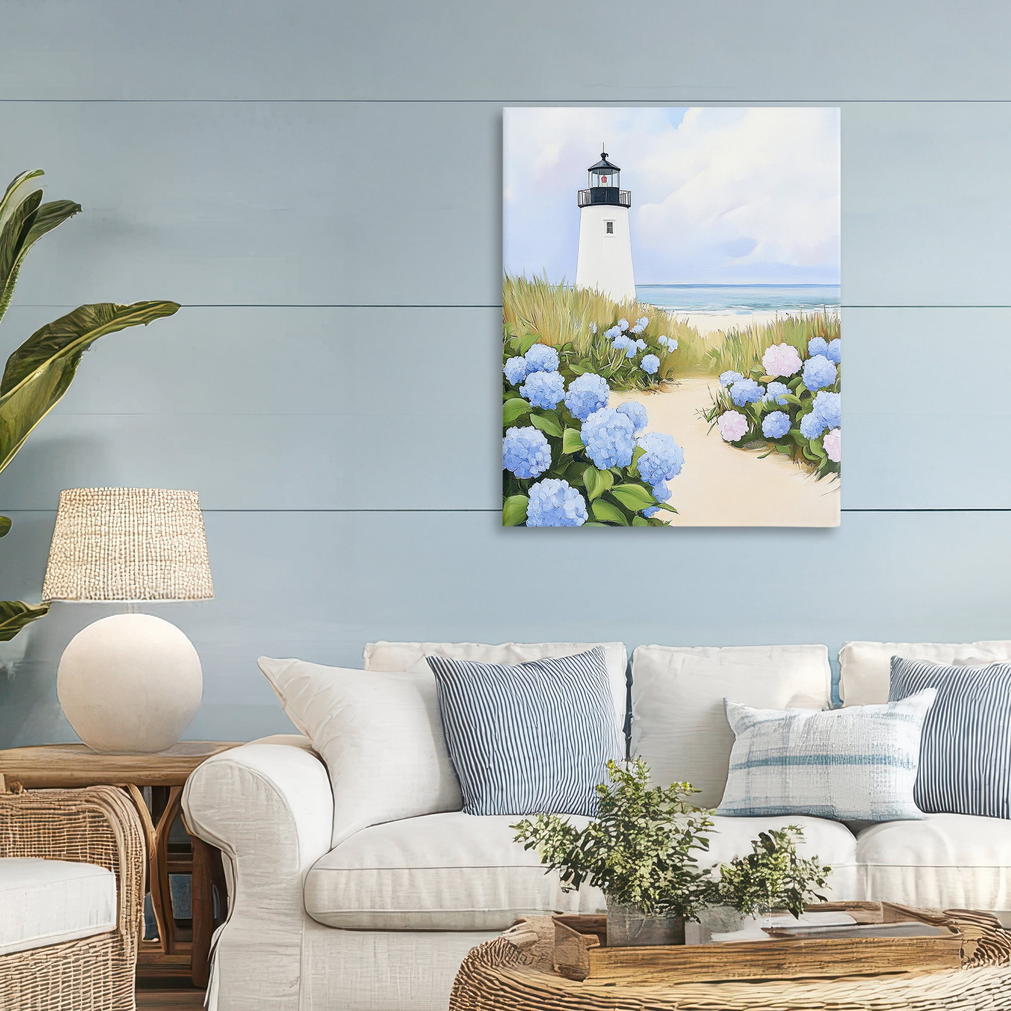 Stupell Industries Hydrangea Path Leading to Lighthouse Canvas Wall Art, design by Sisi and Seb