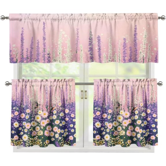 Kitchen Curtain Valance and Tiers Set of 3 Cottagecore Flower Bird Lavender Kitchen Rod Pocket Curtain Sets with Valance Home Window Decorations for Living Room Bedroom Bathroom,54"x24"