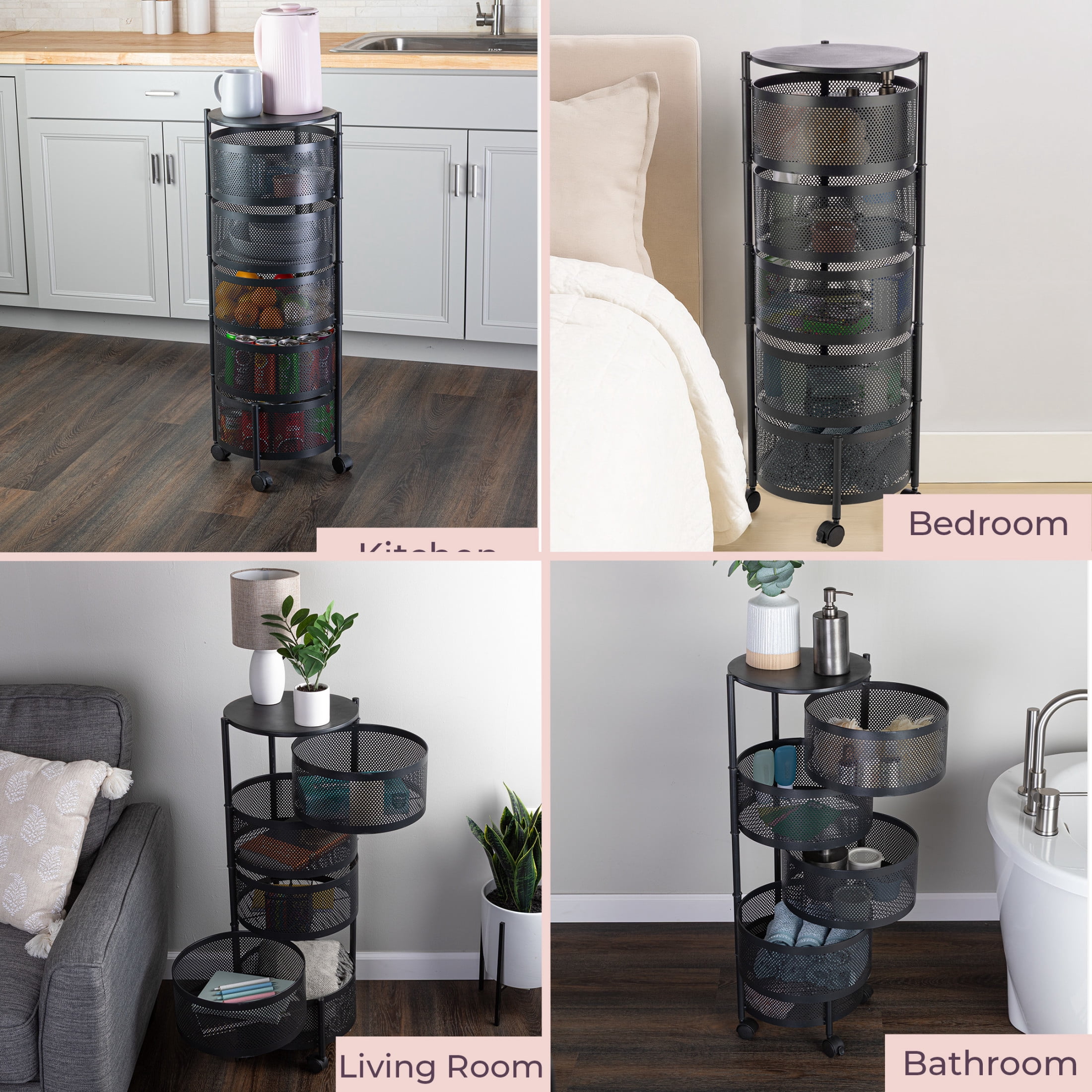 Home-Complete 5 Tier Kitchen Storage Rolling Cart with Wheels (Black)