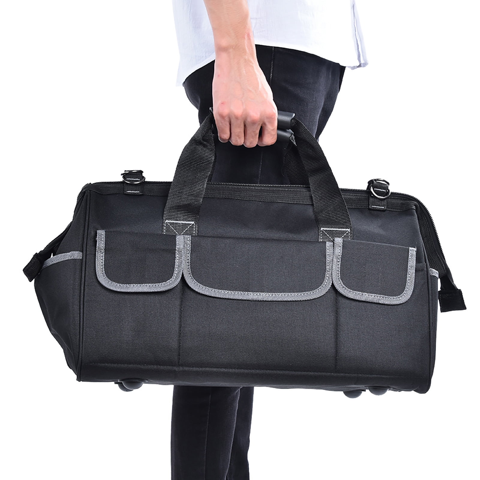 19in Oxford Cloth Tool Bag Gray Wear Resistant Hardware Storage Case with Shoulder Strap,Black