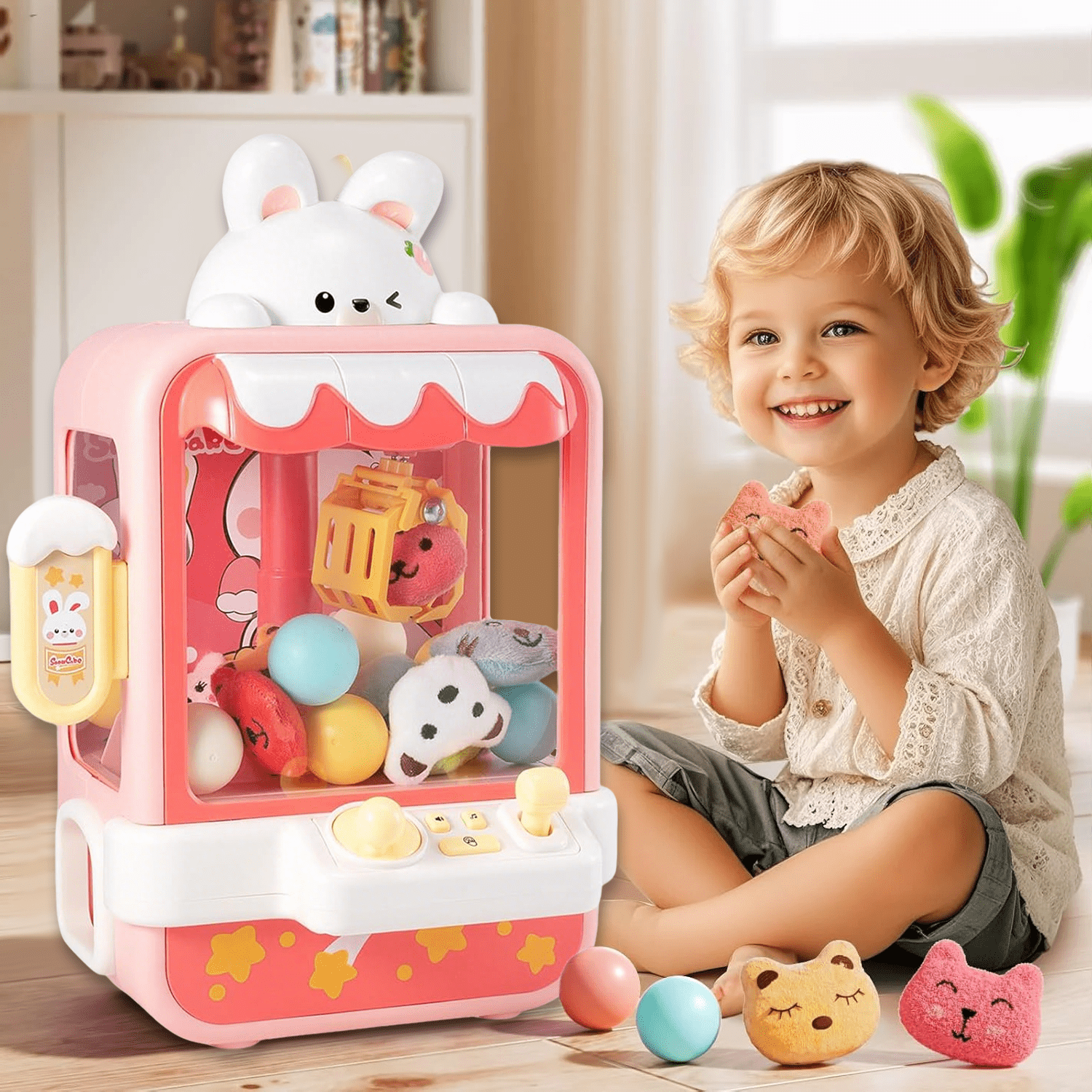 LINXUXIE  Claw Machine with Stuffed Toys,Kids Mini Vending with Music&Game Coins,Prize Dispenser for 3-5 5-8 8-12 Birthday Gift