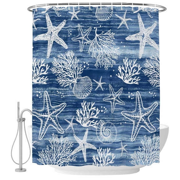 Shower Curtain Blue Coral Starfish Bathroom Curtains with Hooks, Waterproof Fabric Ocean Shell Marine Life Bath Shower Curtains Set for Bathroom Bathtubs Decor 36x72 Inch