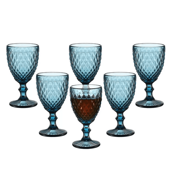 Juego 6 Copas Vino Agua Cristal Labrado Vidrio Azul