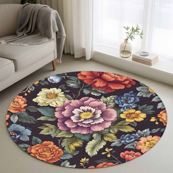 Round Rugs 3Ft, Watercolor Flower Round Area Rug Washable Indoor Throw Carpet, Seasonal Botanical Blooms Spring Small Non Slip Circle Rug for Bedroom Living Room Home Decor Aesthetic