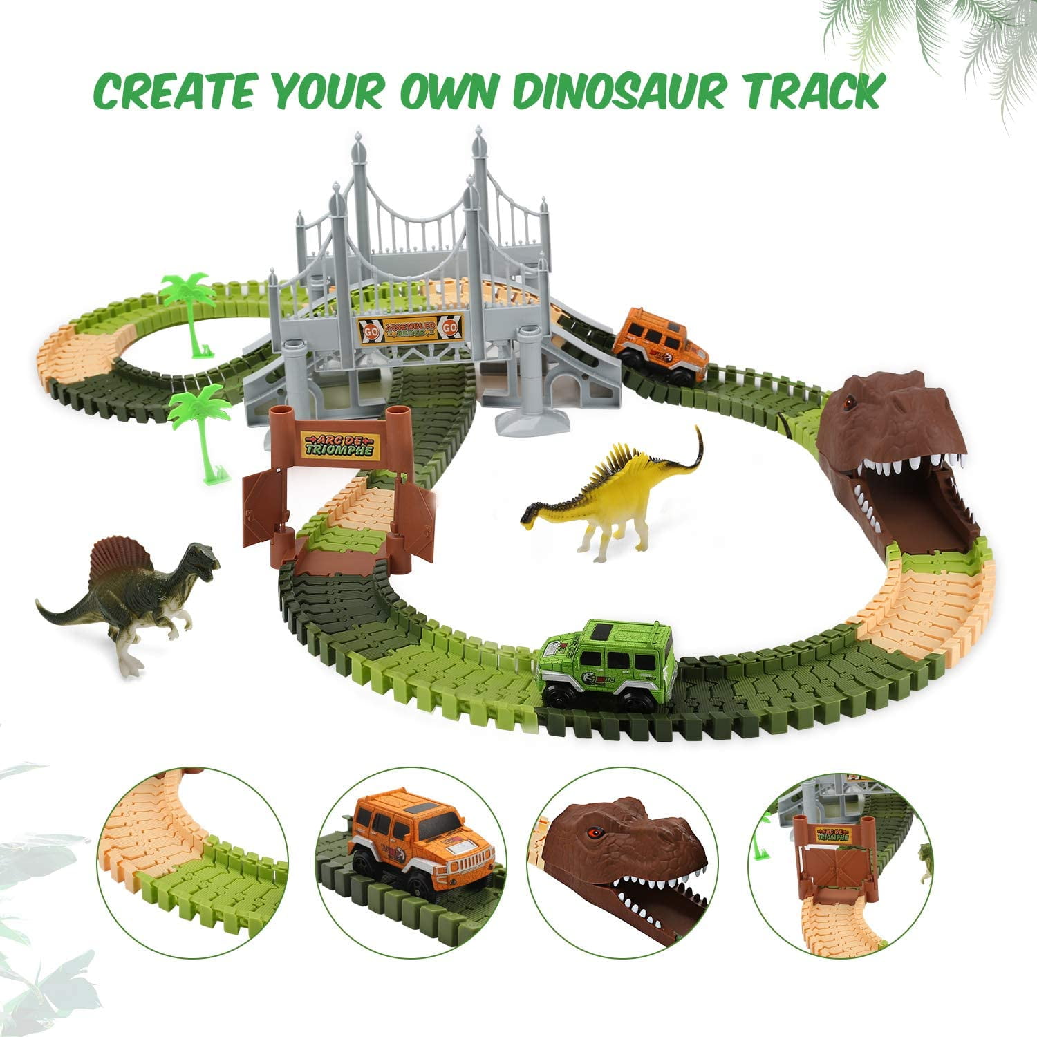 Flexible Train Tracks with 2 Dinosaurs Figures,1 Bridge,2 Electric Cars Vehicle Playset with LED Lights,Best Gift for Toddlers Boys and Girls EagleStone Dinosaur Toys Race Track Set 194 PCS for Kids 