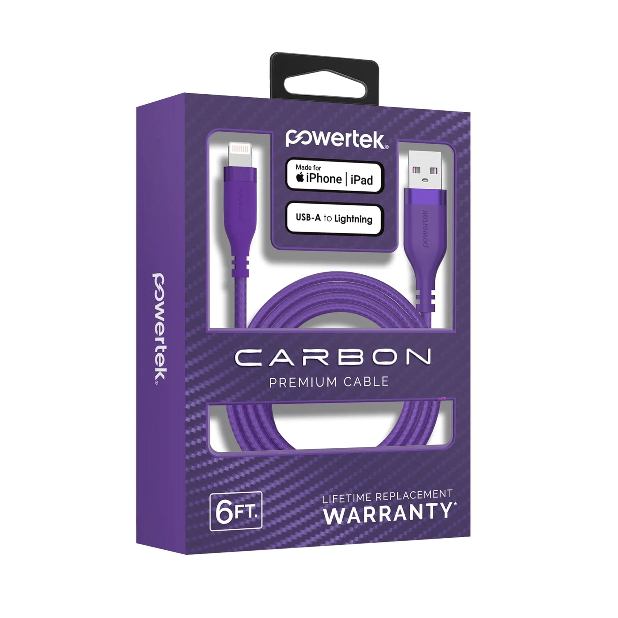 Powertek MFi Certified USB-A to Lightning Charging Cable, Carbon Design Texture, 6 ft, Purple