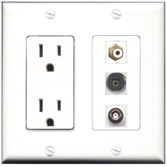 RiteAV - 15 Amp Power Outlet 1 Port RCA White 1 Port Toslink 1 Port BNC Decorative Wall Plate