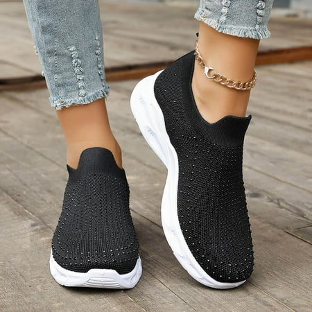 

Yzengfg Ladies Casual Rhinestone Solid Colour Breathable Mesh Lightweight Large Size Casual Shoes Walking Shoes Shoes Womens Casual Boots