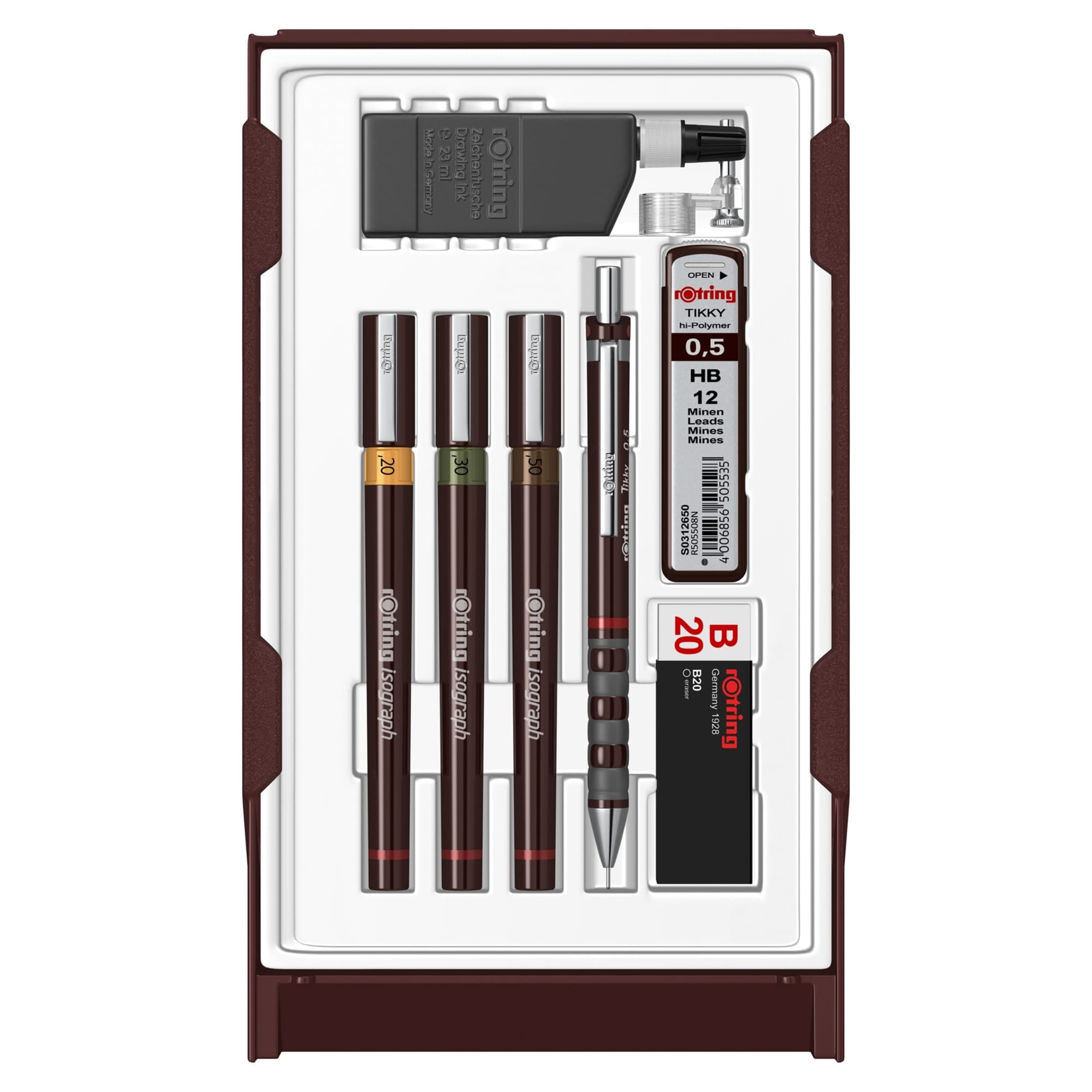 rOtring Isograph Pen Set Technical Pen & Pencil College Set | 3 Pens (0.20mm, 0.30mm, 0.50mm) and Mechanical Pencil (0.5mm) + Accessories