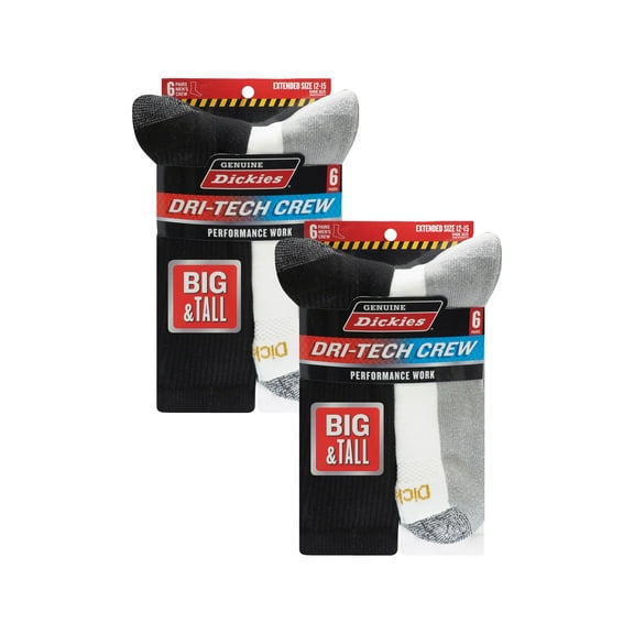 Dickies Men's Dri-Tech Crew Socks, 12 pack- Black/White Ext size 12-15