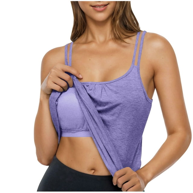 Lenpel Camisole Tops for Women Scoop Neck Spaghetti Strap Racerback Built in Bra Tank Tops Workout Sleeveless Shirts