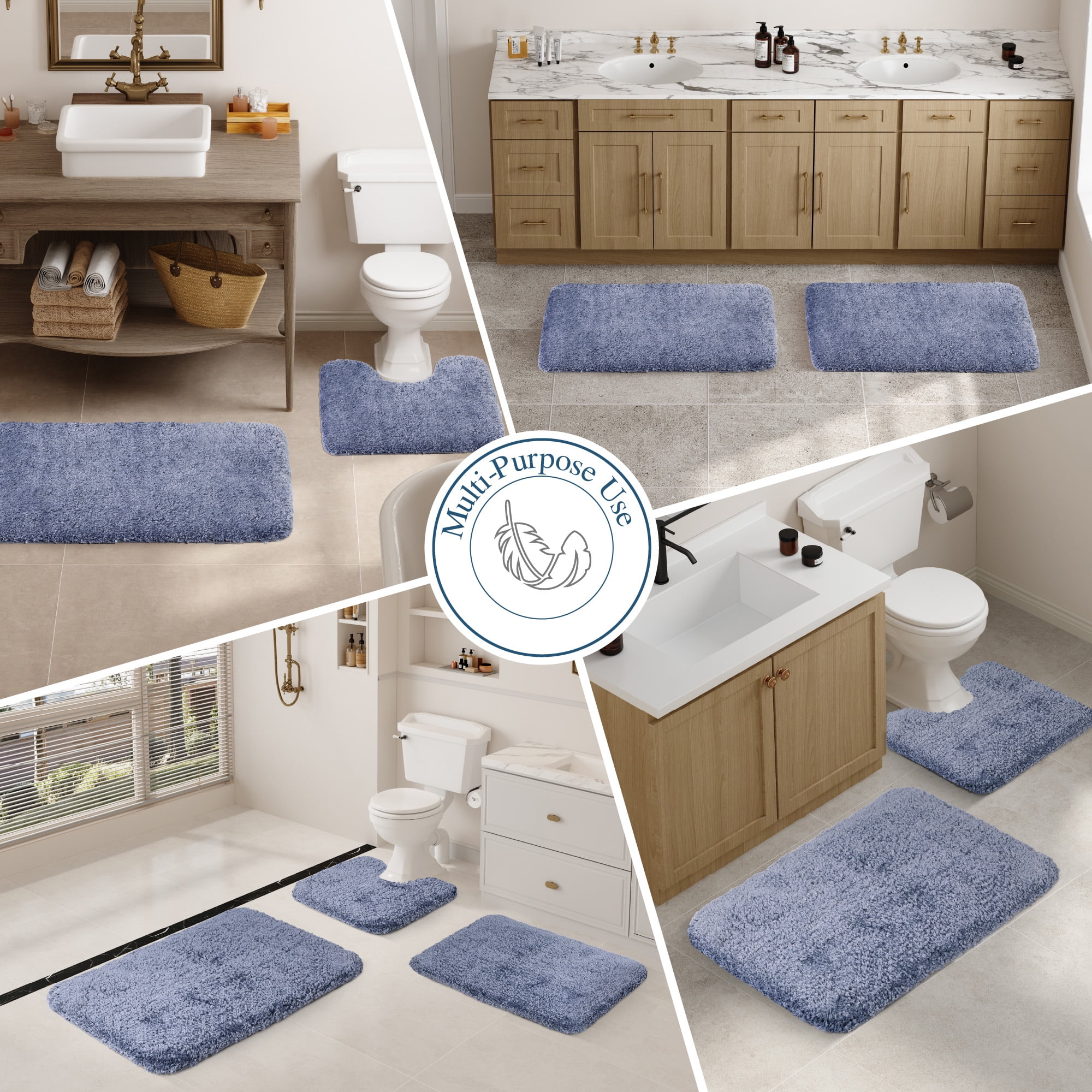 Walensee Contour Rug Shag Bath Rug, Non Slip Bath Mat for Bathroom, 20"x24", Blue, Machine Wash