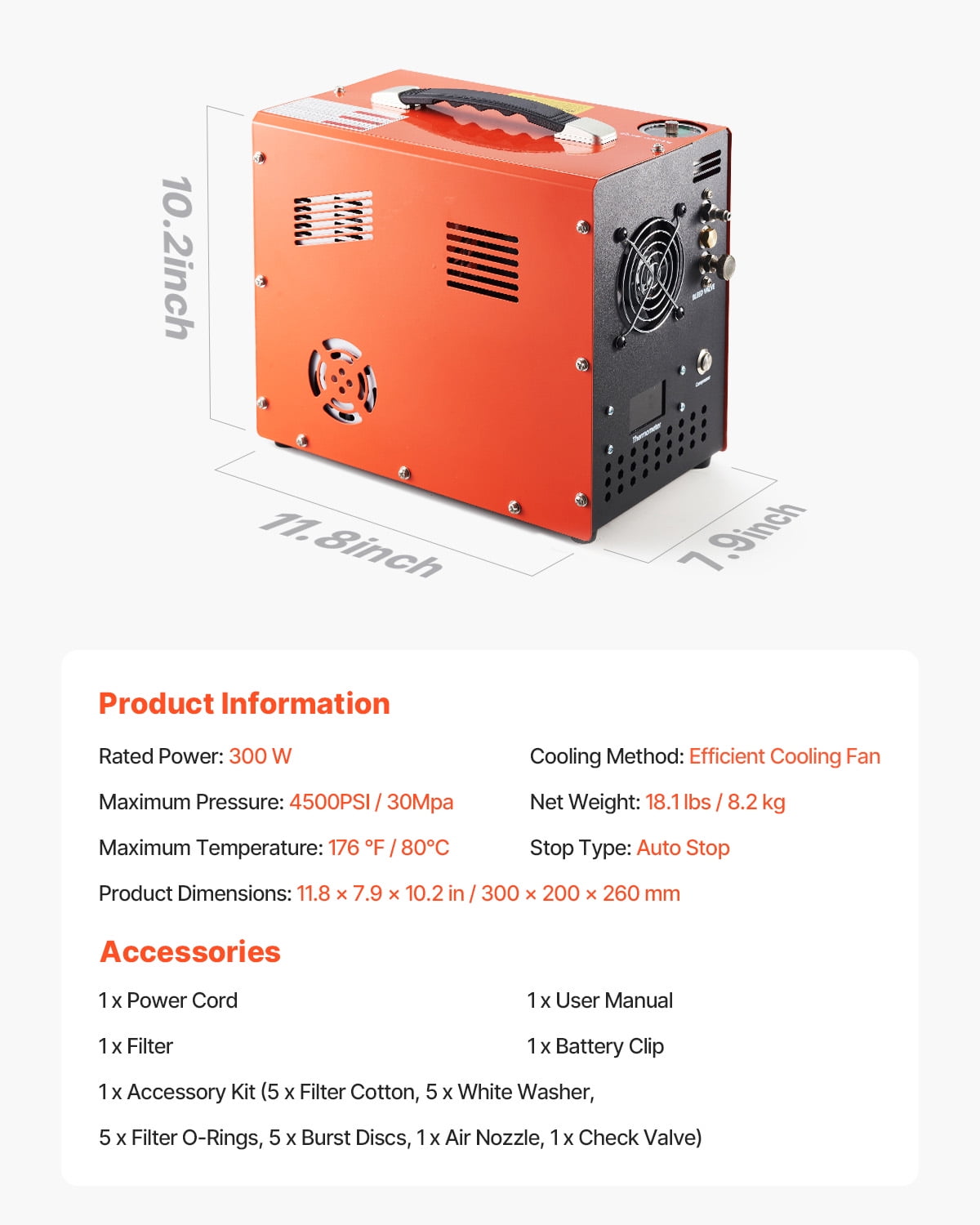 KFFKFF Portable PCP Air Compressor, 4500PSI/30Mpa with Integrated Converter & Cooling Fan, Auto Shut-Off, DC12V/AC120V for Airguns, Paintball Tanks, and Diving Cylinders