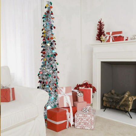 5ft Pop Up Christmas Tinsel Slim Trees with Plump Shiny Sequins, Collapsible Artificial Pencil Xmas Tree Reusable with Plastic Stand for Fireplace & Office & Classroom, Party