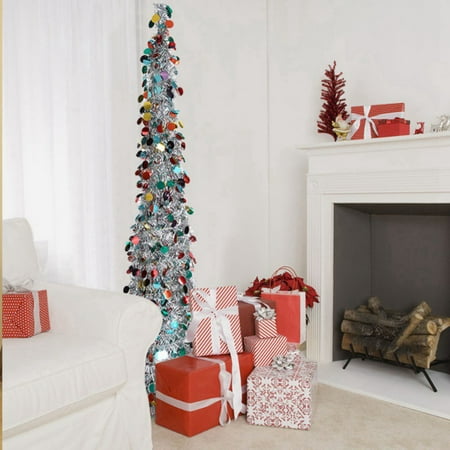 Best Pop Up Christmas Trees 5ft Pop Up Christmas Tinsel Slim Trees with Plump Shiny Sequins, Collapsible Artificial Pencil Xmas Tree Reusable with Plastic Stand for Fireplace & Office & Classroom, Party Decor ()