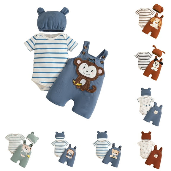 Pandaie 3-18M Baby Boy Clothes Newborn Infant Suspender Ribbed Overalls Short Sleeve Shirt Romper Summer 3 Piece Outfits with Hat Black 12M(6-12 Months)