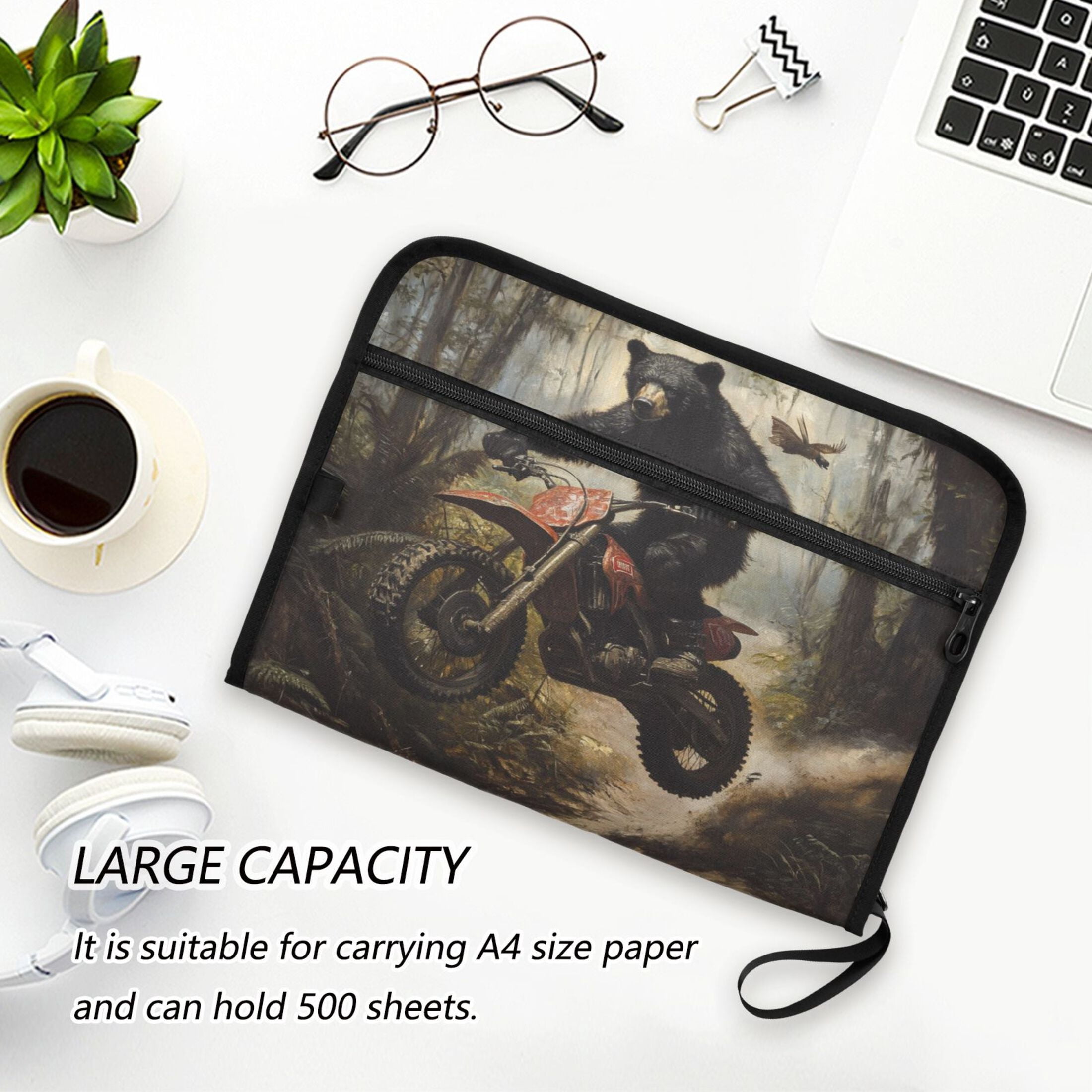 WOBOGO Black Bear Riding A Motocross Bike Expanding File Folder Letter Size Accordion Filing Organizer 13 Pocket Separate Organ Pocket