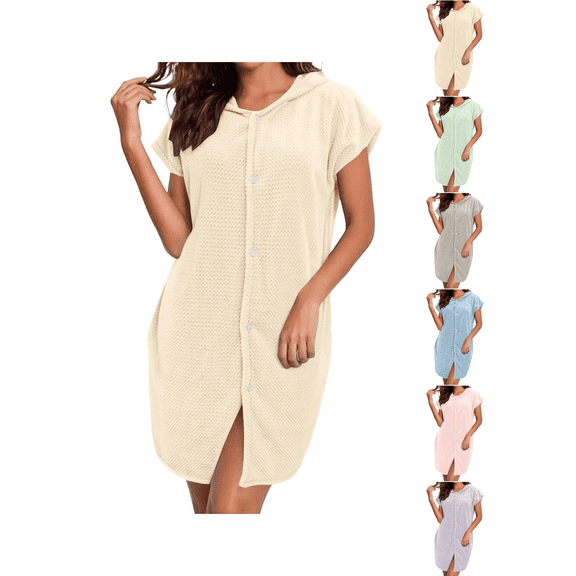 Zynoxe Womens Hooded Robes Lightweight Water Absorbent Bathrobe for Women Versatile Solid Color Short Sleeve Button Loungewear Robe Soft Coral Fleece Nightgown Bathrobe Free Size