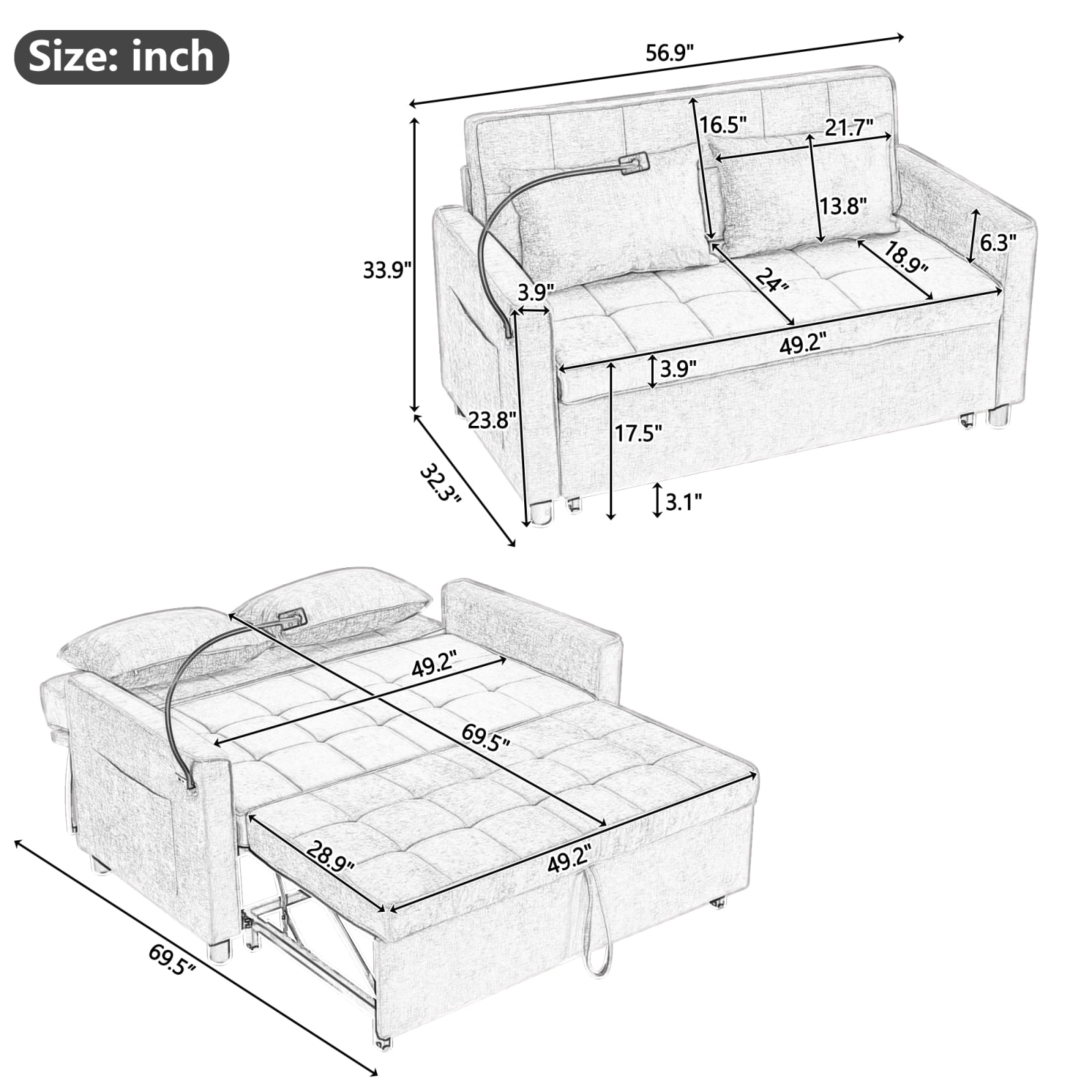 Harper & Bright Designs Loveseat with Pull Out Bed, Convertible Tufted Sleeper Sofa Bed with Adjustable Backrest, Chenille Pull-Out Bed with USB Charging Ports for Apartments Small Spaces, Blue