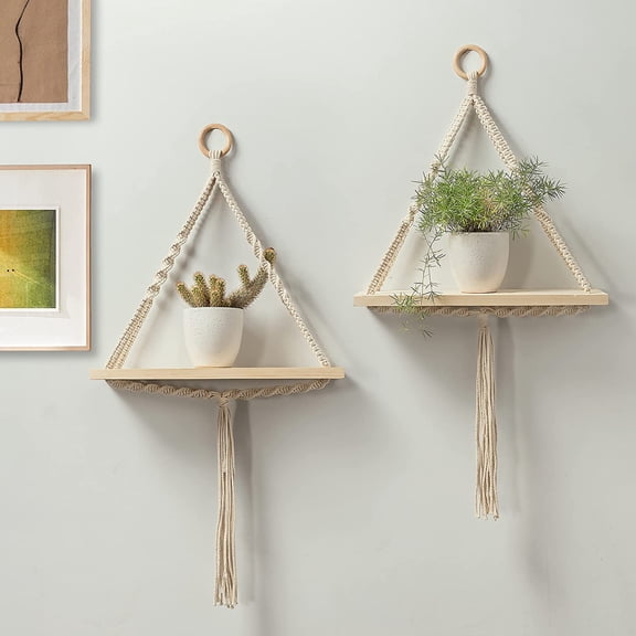 FineArt Wall Hanging Shelf Natural Pine Wood Spiral Knot Cotton Rope Bohemian Style Decor for Balcony Dorm Kids Room Living Room Housewarming Gift Pack of 2 Beige